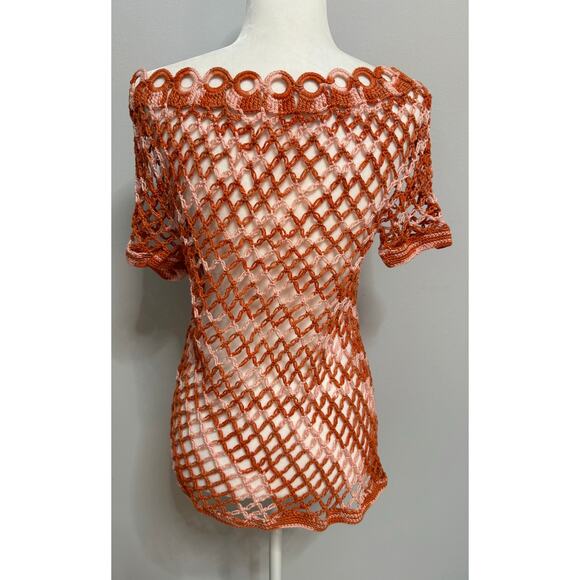 Women Handmade Crochet Orange rust pink Short Sleeves Top Size M off shoulder - Picture 2 of 4